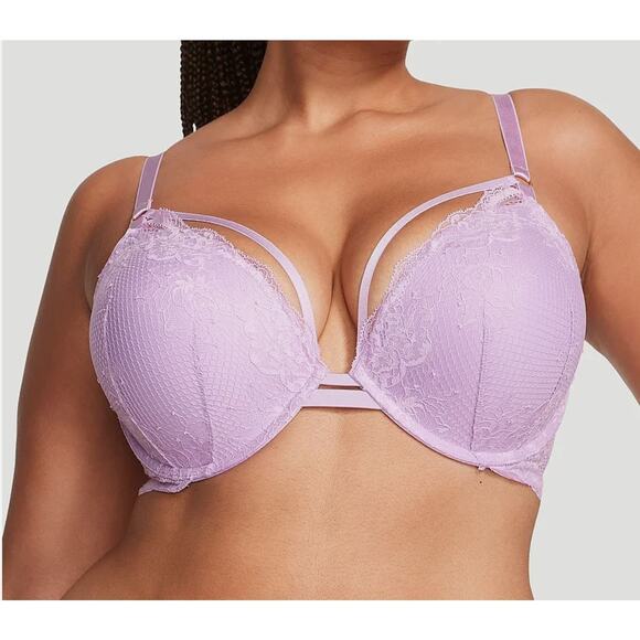 VICTORIAS SECRET Push Up Padded Underwire Lace Bra Purple Lilac Sz 36DDD 36F - Picture 1 of 6